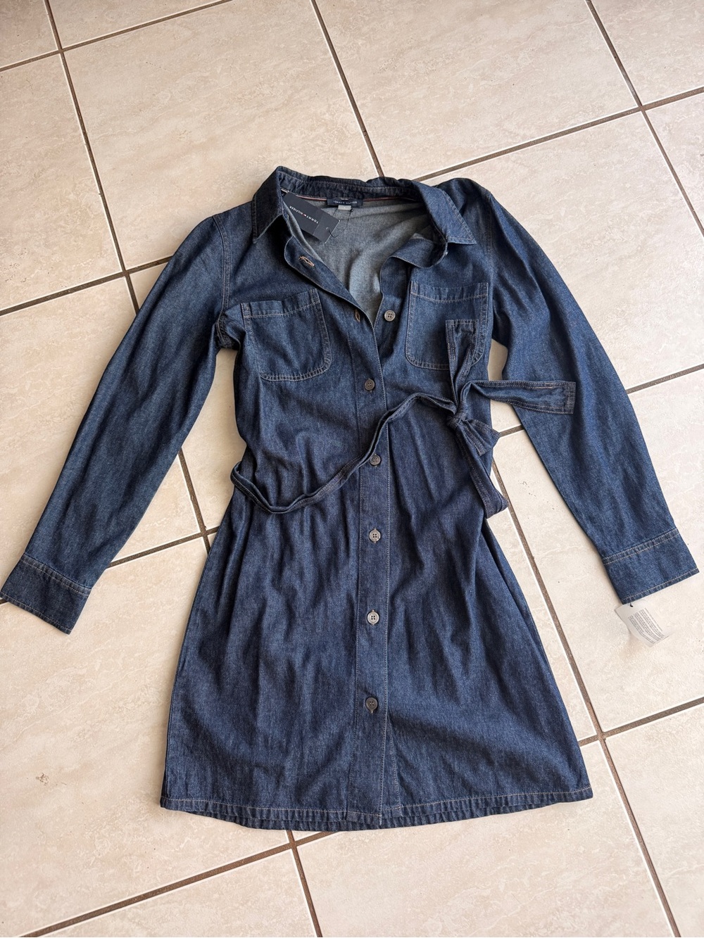 Tommy Hilfiger Dark Blue Denim Shirt Dress with Waist Tie